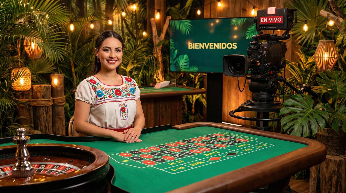 Crupier profesional en el casino en vivo de Meridianbet Casino con decoración tropical