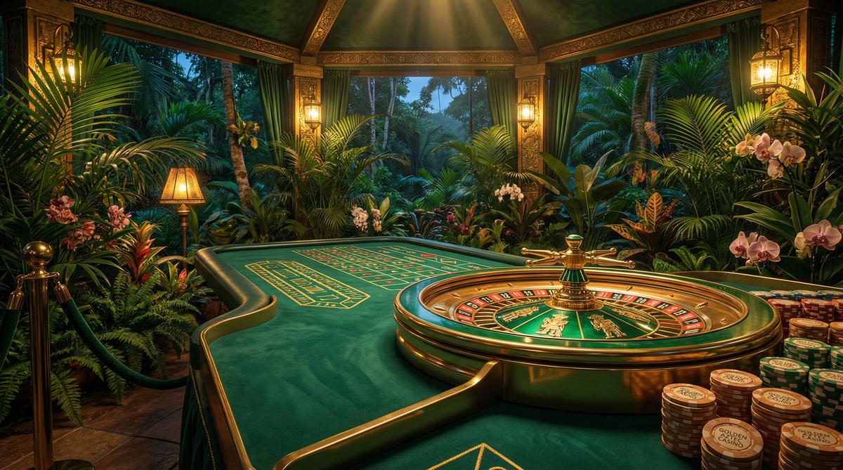 Ruleta dorada de casino con decoración de selva mexicana